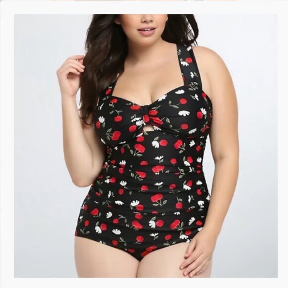 Torrid's Retro Inspired Sexy Sz 3 Black Cherry Rushed Halter One Piece Swimsuit - Picture 1 of 13